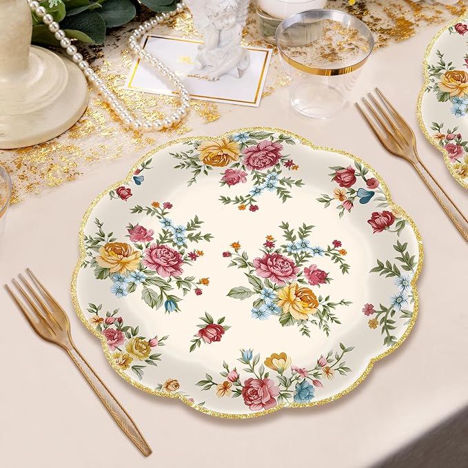 96 Pieces Vintage Floral Tableware Set – Disposable Paper Plates, and Forks - Image 7