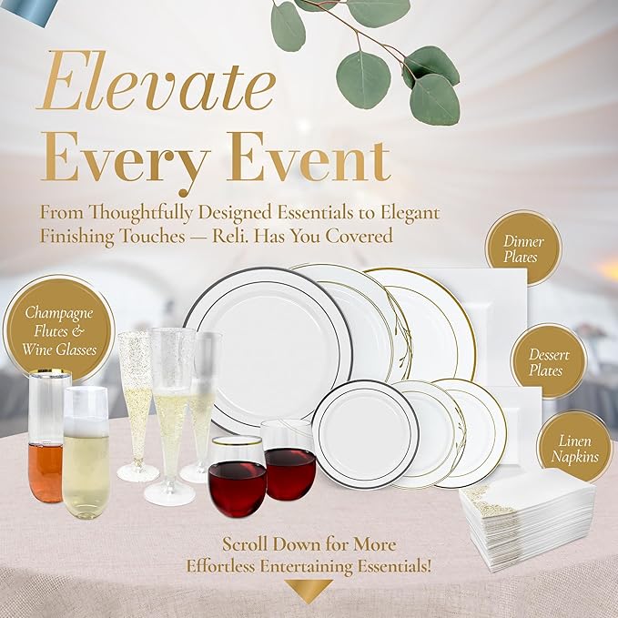 Reli. Plastic Plates for Party | 350 Pieces | White w/Gold Rim | Plates and Napkins Party Supplies | Disposable Dinnerware Set for 50 Guests | Dinner & Dessert Pack, Pre-Rolled Gold Cutlery Set, Cups