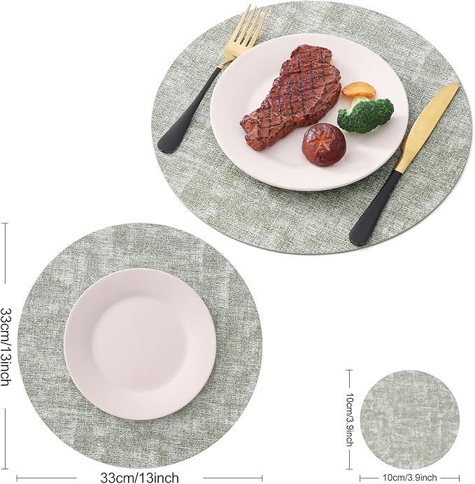 Homaxy Round Faux Leather Placemats and Coasters, Washable Dual-Side Table Mats, Wipeable Heat-Resistant Dining Place Mats for Outdoor and Indoor, Set of 4, Diameter 13 and 3.93 inch, Grass Green