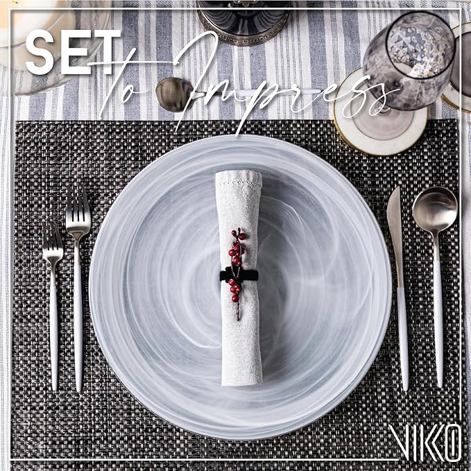 Vikko Charger Plates, Set of 4 White Alabaster Dinner Plates, 13" Plate with Marbelized, Swirl Design, Elegant Glass Charger, Dishwasher Safe