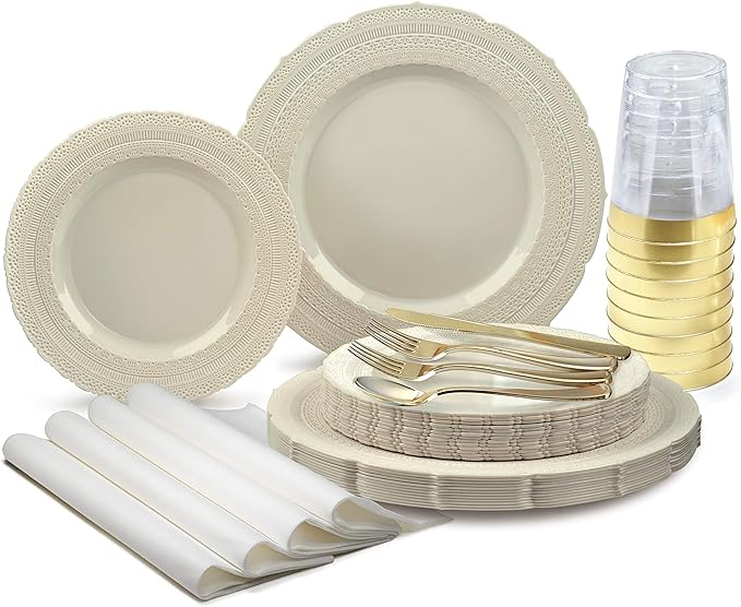 " OCCASIONS " 320pcs set (40 Guests)-Extra Heavyweight Vintage Wedding Disposable/Reusable Plastic Plates 40 x 11'' + 40 x 8.25''+Silverware+Cups+Napkins (Chateau Collection Ivory)