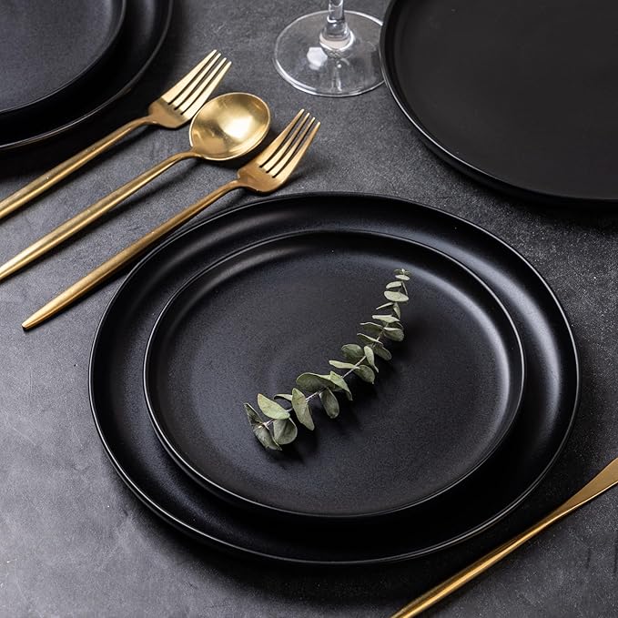 AmorArc Ceramic Dinnerware Sets, Wavy Rim Stoneware Plates and Bowls Sets,Dishwasher & Microwave & Oven Safe Dishes set, Service for 4 (12pc)-Matte Black