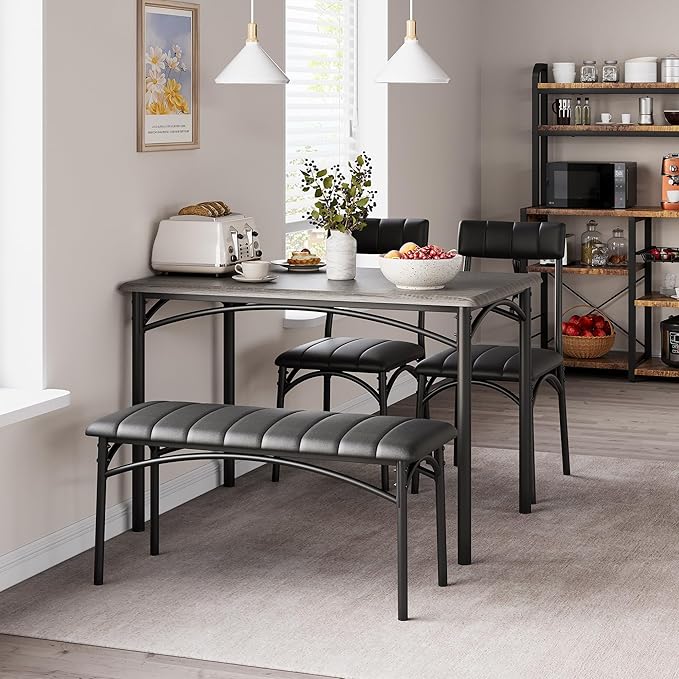 4-Piece Small Dining Table Set – Wood Table with 2 Upholstered Chairs & Bench, Space-Saving Retro Kitchen Dining Set for Small Apartment/Dining Room, Black
