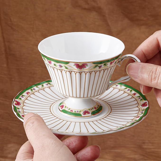 fanquare Nordic Style Tea Cup and Saucer, Classic Stripes Floral Teacup - Image 5