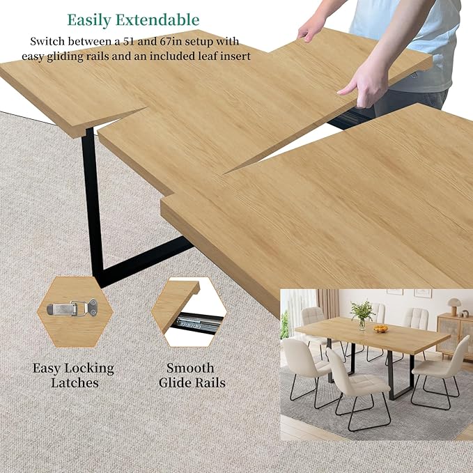 ZckyCine Modern Dining Table Set for 4-6 People Kitchen Dining Room Table Set Extendable Wood Dining Table and 4 Upholstered Chairs, Home Kitchen Furniture