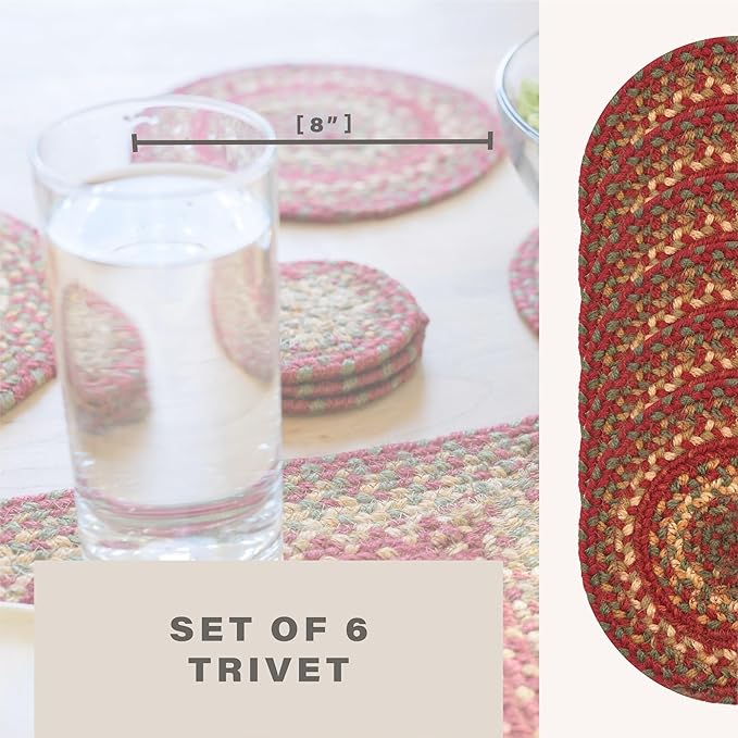 Homespice Cider Barn Jute Braided Kitchen Trivets for Hot Dishes, Warm Country Rustic Decor, Set of 6, Red 8" Round Heat Resistant Mat - Rich Colors, Easy to Clean, Durable and Protects Furniture