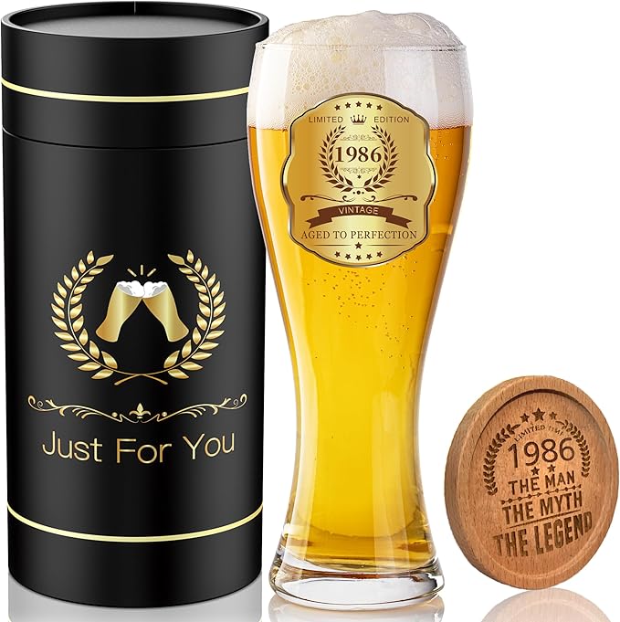 40th Birthday Beer Glasses Gifts, Personalized '1986' Vintage Glass Ware Set for Men, Black Gift Package with Drinking Glass, Coaster, and Card for 40 Years Old Man
