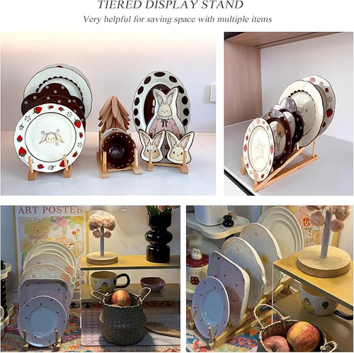 2 Pack Plate Stands For Display,Wooden Plate Holders for Displaying,5-Tier Craft Show Display Stands For Tabletop Book, Artwork, Photo, Puzzle, Magazine and Platter