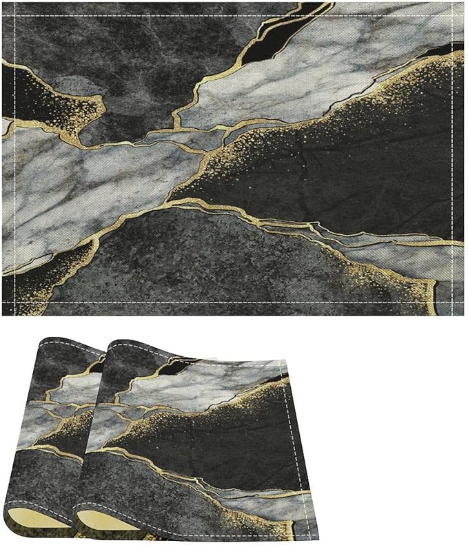 Marble Linen Placemats Set of 2, Modern Abstract Foil Texture Grey Black Marble Washable Cloth Place Mats, Non-Slip Dining Table Placemats for Home Kitchen Party Banquets Decor 12x17 Inch