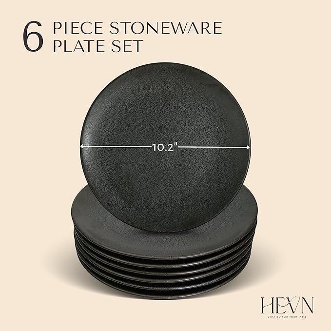 HEVN 6 Piece 10.2” Stoneware Dinnerware Set – Modern Dinner Plates Set of 6, Dishwasher & Microwave Safe Dish Set, Durable Dinnerware Sets for Everyday Use