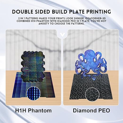 Double Sided H1H PEO Build Plate for Bambu Lab X1 X1C X1E P1P P1S P2S A1, Smooth Phantom H1H+Diamond PEO Spring Steel Sheet Flexible Plate 257x257mm for Bambu 3D Printers