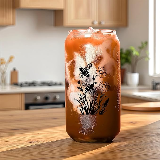 Cute Bee Glass Cup With Lids And Straws, Bee Gift For Women, Iced, Coffee, Smoothie, Cocktail, Beer, Whiskey, Soda, Matcha,16 Oz, Home Office Table Desk Decoration!