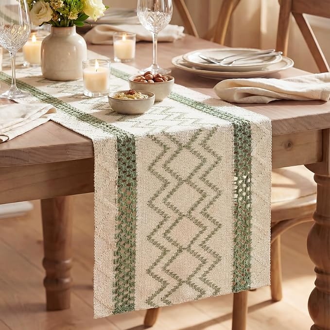 Artoid Mode Sage Green Stripe Diamond Woven Table Runner 12x36 Inch | Holiday by ArtoidMode