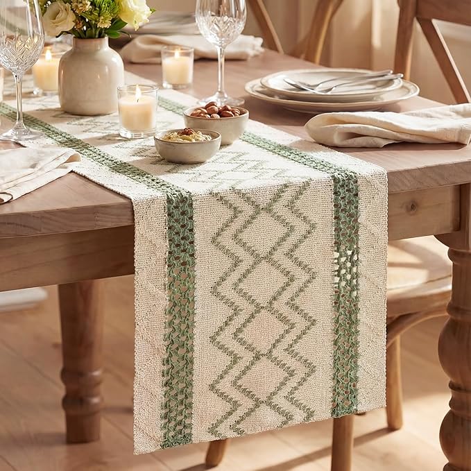 Artoid Mode Sage Green Stripe Diamond Woven Table Runner 12x90 Inch | Holiday by ArtoidMode