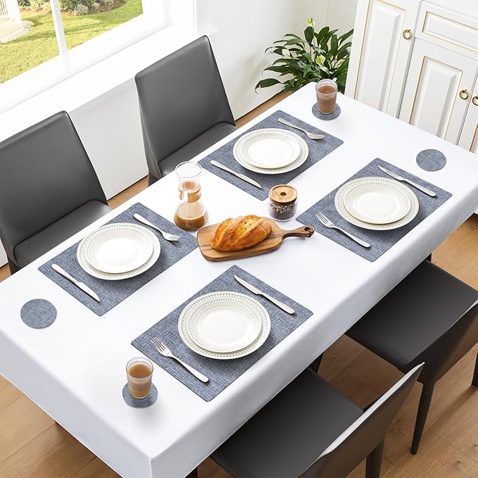 MOSAYT Faux Leather Placemats Set of 6, Heat Resistant Wipeable Washable Vinyl Place Mats with Coasters, Waterproof Oil Proof Table Mats for Kitchen Dining Party Indoor Outdoor, 12" x 17", Sky Blue