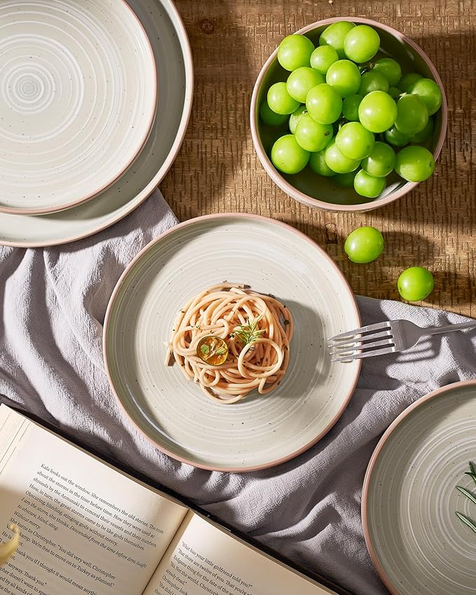 Famiware Meteor Stoneware Dinnerware Sets with Pasta Bowls, Service for 4 (16 Pieces), Plates and Bowls Sets, Microwave and Dishwasher Safe Dishes Set, Matcha Green