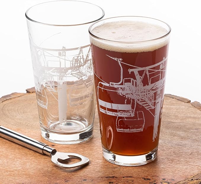 Black Lantern Pint Glass Set of 2 - Premium Ski and Skiing Themed Beer Glass and Everyday Drinking Glasses - 16 Ounce Pint Glass - Craft Beer Enthusiasts - Après-Ski and Cabin Decor (Ski Lift White)