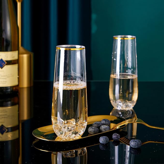 N9R 36PCS Plastic Champagne Flutes, 9 Oz Stemless Disposable Gold Rim Toasting Glasses, Crystal Clear Cocktail Cups Drinkware Shatterproof Ideal for Party Wedding Birthday