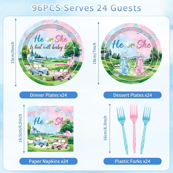 96 Pcs Golf Gender Reveal Decorations, He or She Tableware Set | Golf Cart Theme - Image 2
