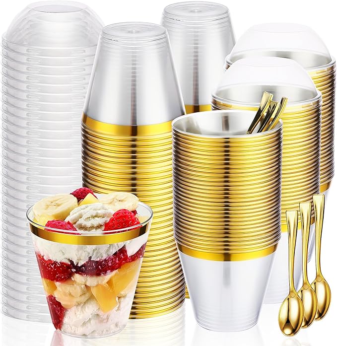 Jinei 50 Sets 9 oz Plastic Dessert Cups with Dome Lids Spoons Gold Rimmed Clear Disposable Plastic Fruit Cups with Lids for Yogurt Parfait Pudding Cupcake Ice Cream Party Wedding Reception