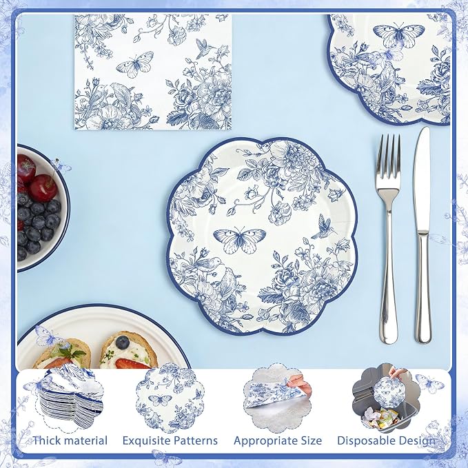 NatNarr 50 Pcs Blue Floral Plates and Napkins, Bridal Baby Showe - Image 4
