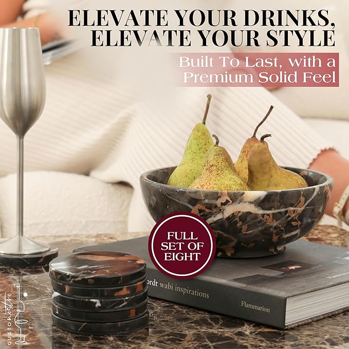 Gusto Nostro Premium Black Gold Marble Coasters Set of 8 - Modern Natural Stone Coasters for Drinks - Solid Marble Kitchen Accessories, Round Artisanal Stone Coaster for Kitchen Counter, Coffee Table