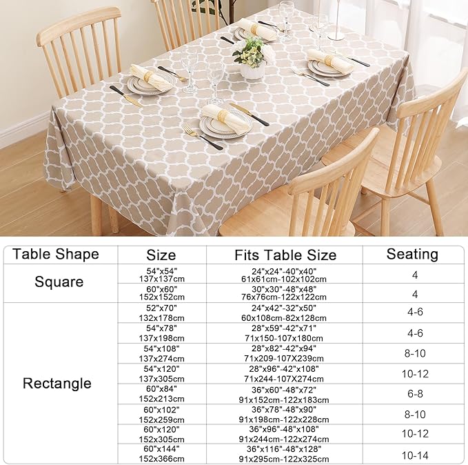 Smiry Rectangle Table Cloth, Waterproof Vinyl Tablecloths with Flannel Backing for Rectangle Tables, Wipeable Spillproof Plastic Tablecloth for Dining, Camping, Indoor and Outdoor (60"x84", Khaki)