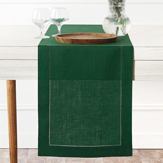 D'Moksha Homes Linen Forest Green Table Runner 84 Inches Long - 100% Pure Linen Table Runner 14 x 84 Inch for St Patricks Day, Easter - Classic Hemstitch
