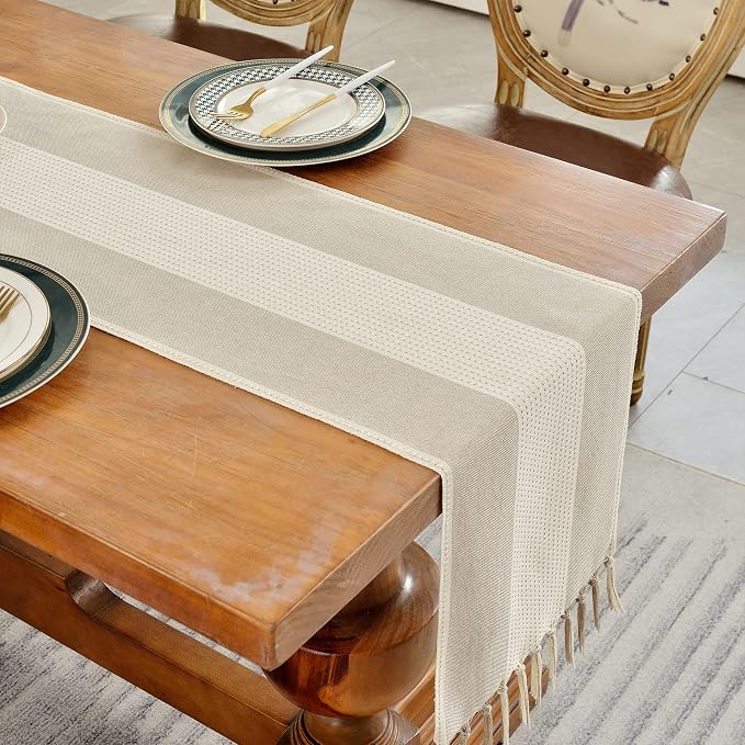 Wracra Linen Table Runner, Stripe Table Runners 108 Inches Long Light Coffee - Image 6