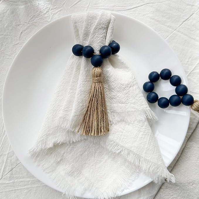 Napkin Rings Set of 12,Wooden Napkin Rings,Wood Bead Elastic Farmhouse Napkin Ring with Tassel,Boho Napkin Holder for Table Decor,Weeding,Dinner,Party(Navy Blue)