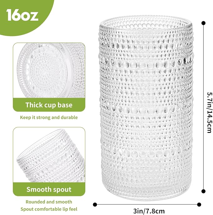 Large Vintage Hobnail Drinking Glasses Set of 6, 16oz Clear Highball Glasses - Image 2