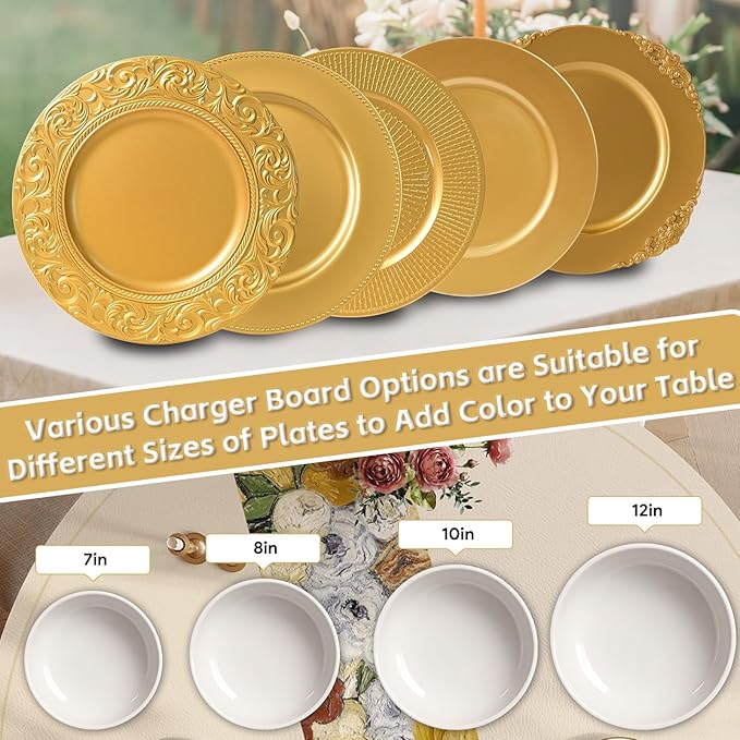 PROY 100 Pcs Antique Gold Charger Plates Bulk, 13in Plastic Embossed Dinner Gold Chargers, Round Phoenix Pattern Elegant Floral Charger Plates for Dinner Wedding Party Event Table Setting Decoration