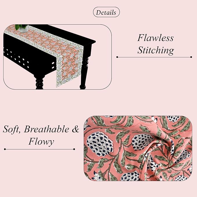 Dark Salmon Hand Block Print 100% Cotton Table Runner 16x90 Inch | Perfect - Image 2