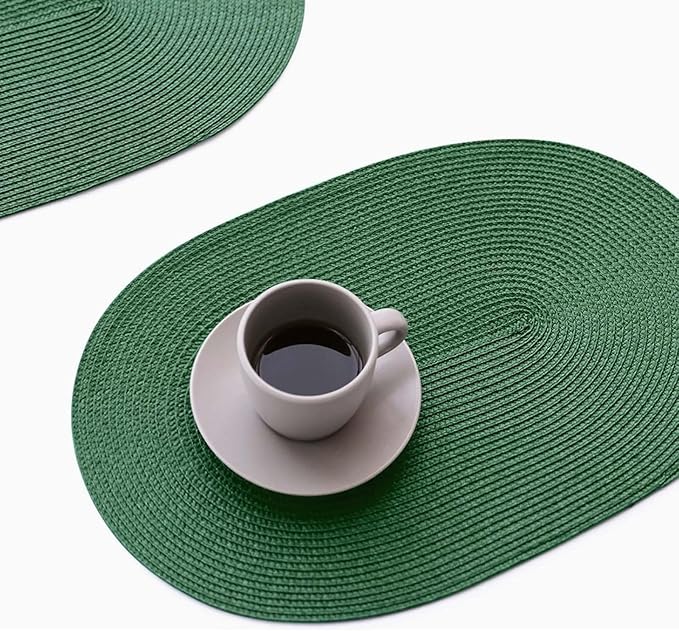 FunWheat Oval Braided Placemats Set of 6 Table Mats for Dining Tables Washable Heat Resistant Place Mats for Indoor Outdoor Use 12 x18 Inch (Oval Black Green, 6pcs)