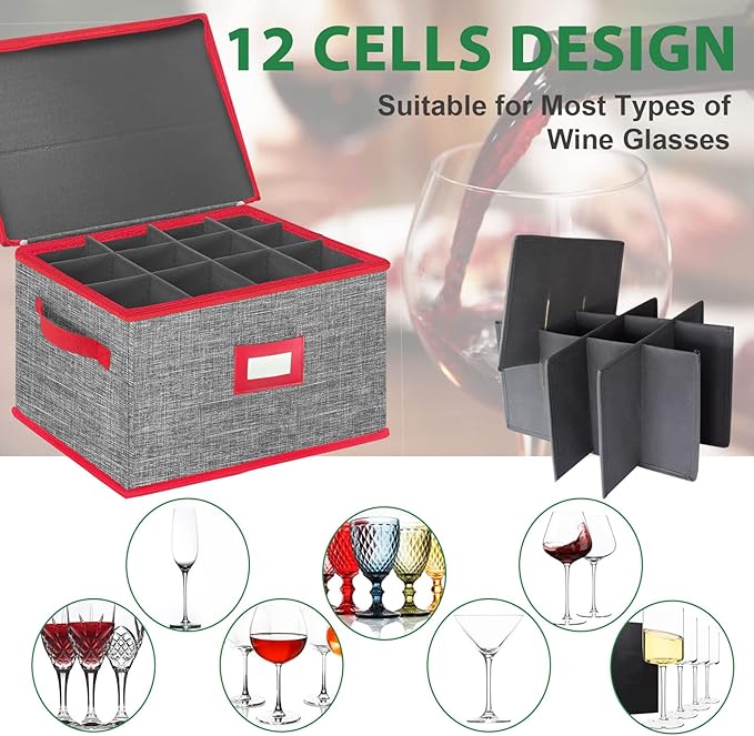 VERONLY Wine Glass Storage Box with Dividers, Stemware Storage Case Hard Shell Stackable for Up to 12 Glasses, Crystal Glassware Containers for Holidays (Grey and Red)