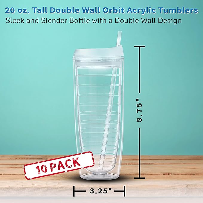 DISCOUNT PROMOS Tall Orbit Acrylic Tumblers 20 oz. Set of 10, Bulk Pack - Perfect for Iced Coffee, Soda, Other Hot & Cold Beverages - Clear