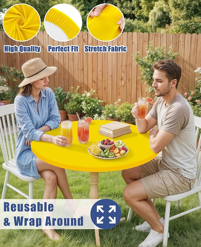 Round Spandex Tablecloth 2 Pack, Elastic Fitted Waterproof Tablecloths for 36"-44" Tables, Stretch Washable Picnic Table Cover for Camping, Dining, Indoor and Outdoor, Yellow