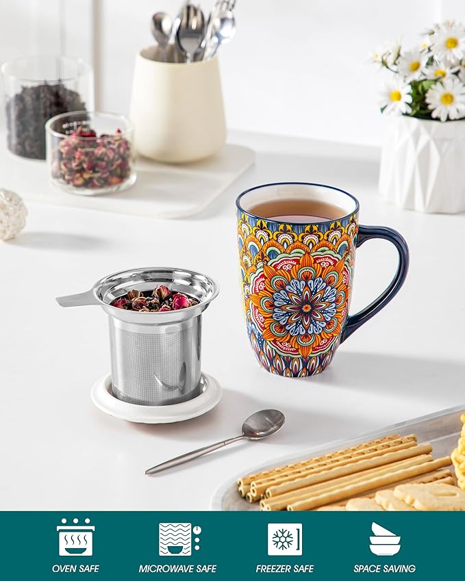 vancasso Ceramic Tea Mug with Infuser and Lid, 18 Ounce Bohemian Loose Leaf Cup, Microwave & Dishwasher Safe, Perfect for Tea, Coffee, Burnt-Cobalt Mandala