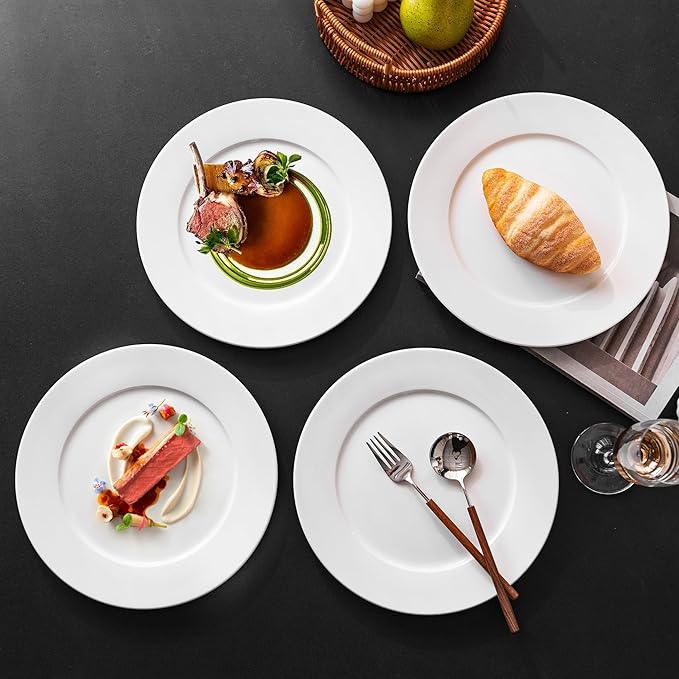 White Ceramic Dinner Plates Set of 6 – 10 Inch Porcelain Plates for Salad, Pasta & Steak, Microwave & Dishwasher Safe Dinnerware
