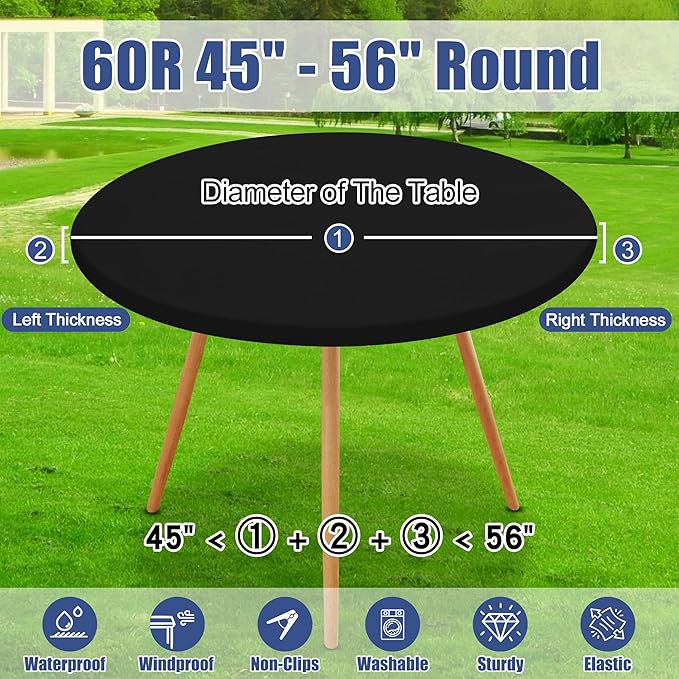 Round Spandex Tablecloth 2 Pack, Elastic Fitted Waterproof Tablecloths for 45"-56" Tables, Stretch Washable Picnic Table Cover for Camping, Dining, Indoor and Outdoor, Black