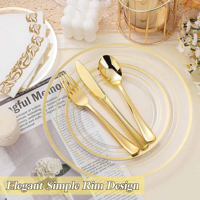 BESTSTAR 200PCS Clear Gold Plastic Plates Set, 100 10.25 inch Dinner Plates and 100 7.5 inch Dessert Plates, Disposable Plates for Party, Wedding