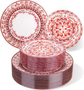 Hioasis 60pcs Red Plastic Plates Set - Floral Red & White Porcelain Design, 10.25" Dinner & 7.5" Dessert Plates Disposable for Christmas (Dishwasher Safe, Traditional Style)