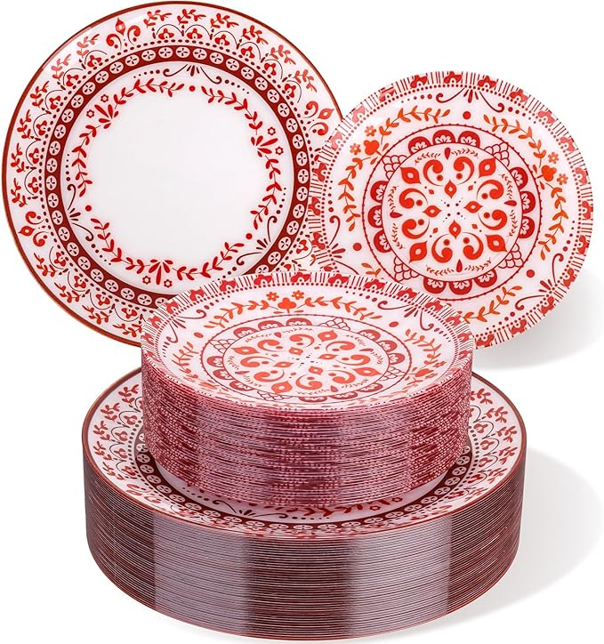 Hioasis 60pcs Red Plastic Plates Set - Floral Red & White Porcelain Design, 10.25" Dinner & 7.5" Dessert Plates Disposable for Christmas (Dishwasher Safe, Traditional Style)