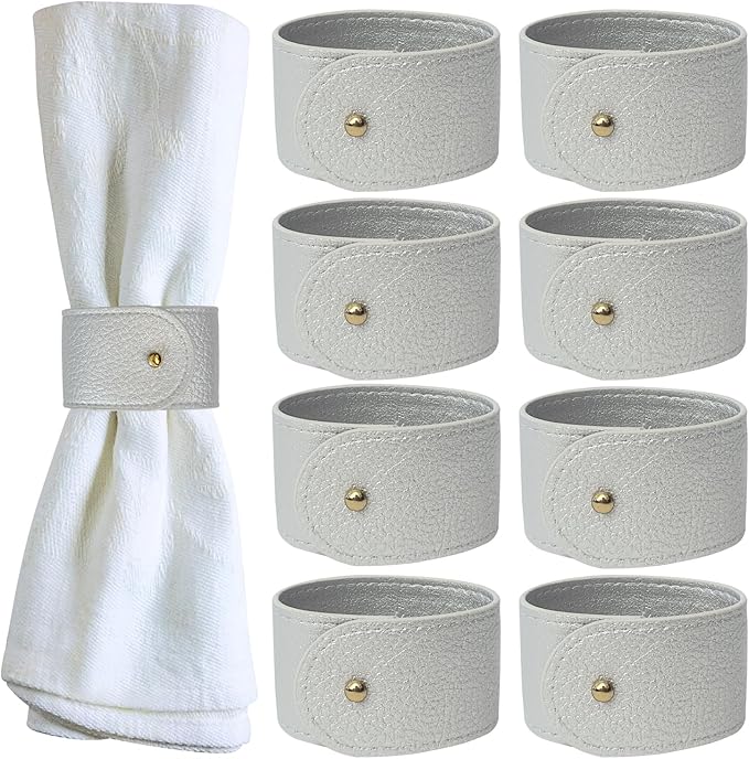 Luxury Leather Napkin Rings Set of 8, Silver, Morgan Faux Style, Modern Cuff Design for Wedding Party Decorations, Kitchen, Holiday Table,Rust Proof,Hotel, Home, Table Accessories, Dining