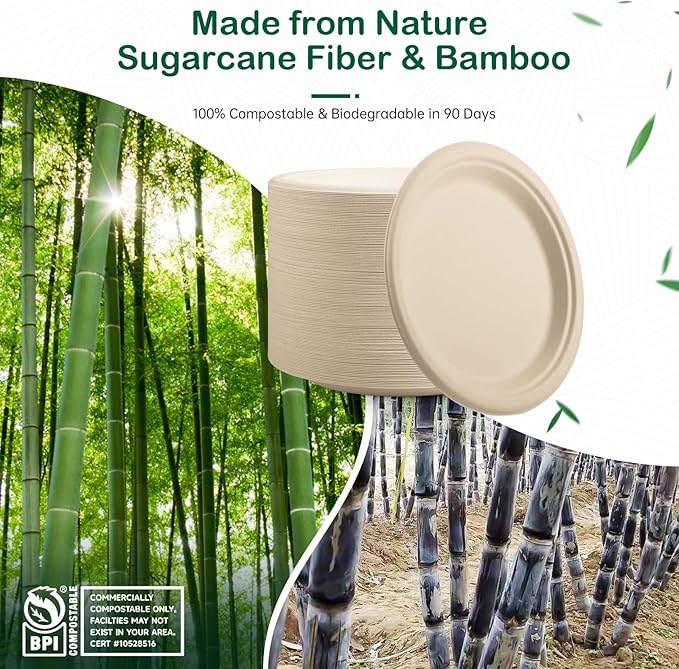 7 Inch 128 Pack Compostable Disposable Paper Plates, Heavy Duty Sugarcane Bagasse Plates, Biodegradable Eco-Friendly for Snacks & Parties, Unbleached Natural