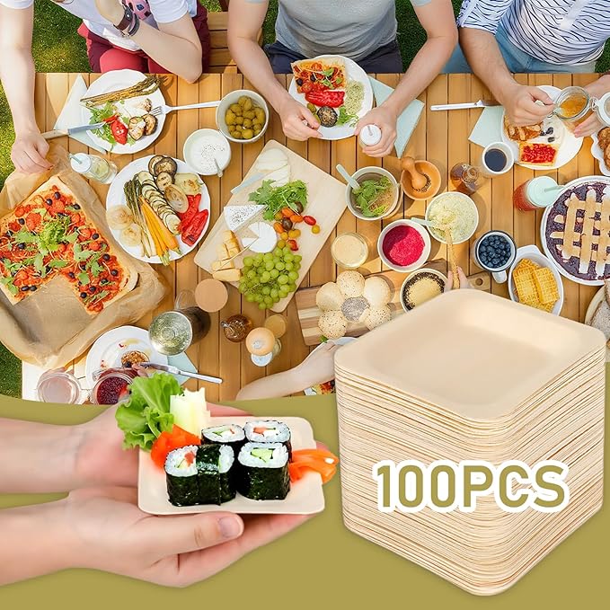 100 Pcs Disposable Palm Leaf Bowls, Square Bamboo Appetizer Plates, Compostable Wood Plates with Bamboo Forks for Birthday Wedding Party, Dessert, Catering and Home Use (4.4 x 4.4x0.5 Inch)