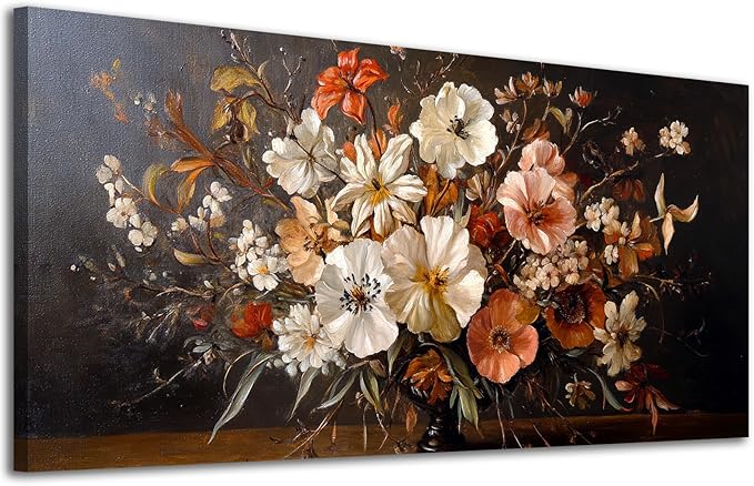 ADJUVANT Wall Art Vintage Floral Bouquet in Vase 48"L x 24"W, Flowers Canvas Painting Botanic Artwork Retro Blossoms Prints Graceful Floral Wall Decor for Living Room Bedroom Dining Room Home Office