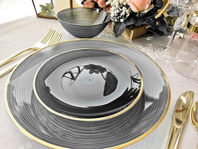 " OCCASIONS " 100 Plates Pack,(50 Guests) Premium Wedding Party Disposable Plastic Plates Set -50 x 10'' Dinner + 50 x 7'' Salad/Dessert (Belize in Black & Gold)