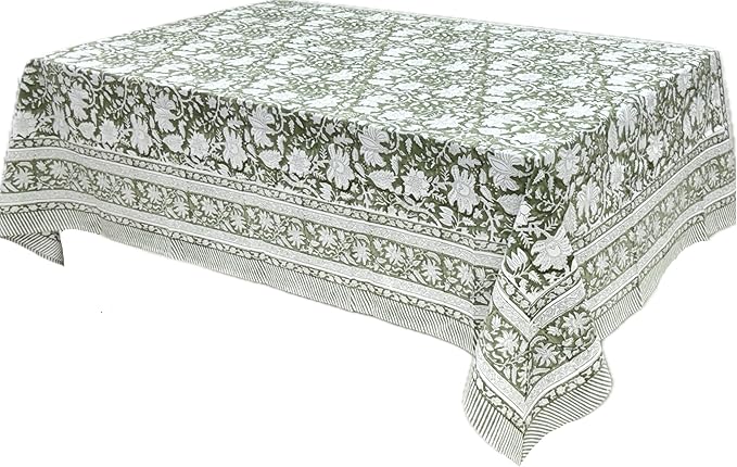 ATOSII Noori Green 100% Cotton Tablecloth, Block Print Rectangle Table Cover for Dining, Parties, Weddings, Outdoors, Holidays, 60 X 108 Inches, 8 Seater I Grandmillennial Preppy Boho Farmhouse Summer