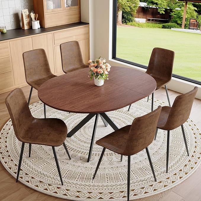 Round Dining Table Set for 6｜42"-54" Extendable Dining Room Table Set｜Wooden Kitchen Table with 6 Chairs｜Mid Century Modern Dinner Table Set with Cross Legs｜Easy Assembly｜Space Saving